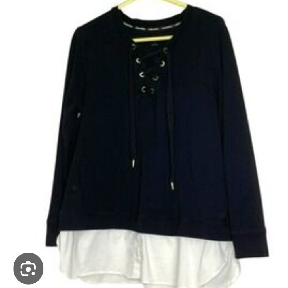 Calvin Klein Navy Lace-Up Crewneck Sweater with Layered Hem Size M